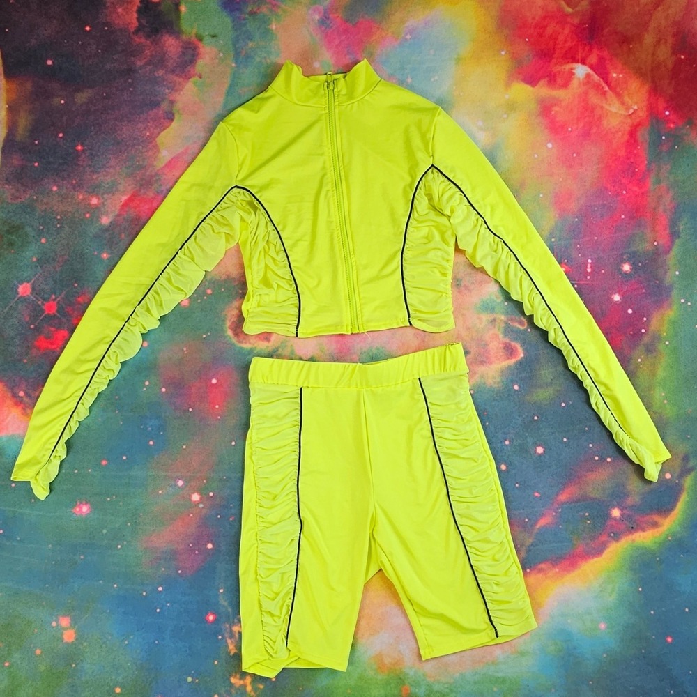 Neon Yellow‎ FashionNova Two-Piece Set Top & Shorts Black Ruche Trim Long Sleeve